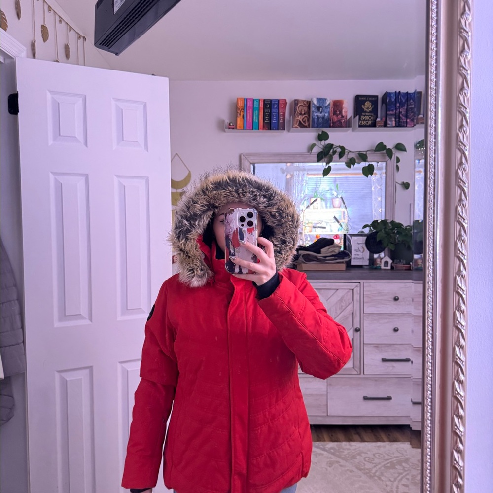 Obermeyer Red Hooded Puffer Coat with Faux-Fur Trim